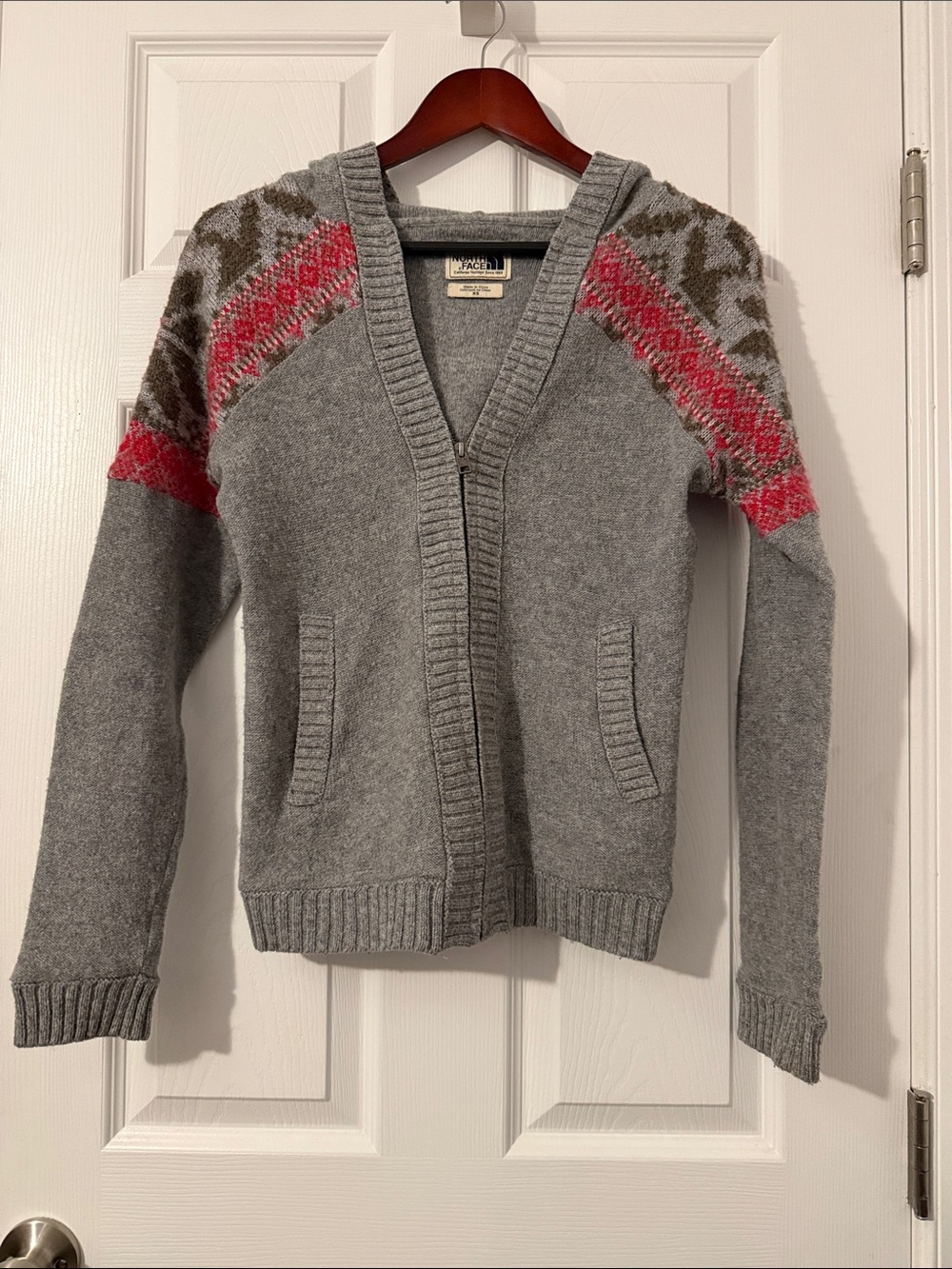 The North Face Gray Cardigan Sweater with Pink and Olive Accents